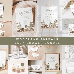 Op de afbeelding: Woodland animals baby shower printbare bundel met verschillende borden, kaarten en decoraties. De ontwerpen bevatten een bruine beer, een hert en andere bosdieren in een bosomgeving. De tekst bevat "Welkom op Brooke's Baby Shower", "Bedankt", "Spellen & Cadeaus" en "Baby Elliott's Baby Shower".