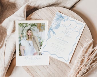 Blue Bow Graduation Party Invitation Template for Girl Blue Coquette Photo Graduation Announcement Card | SONDOS Collection