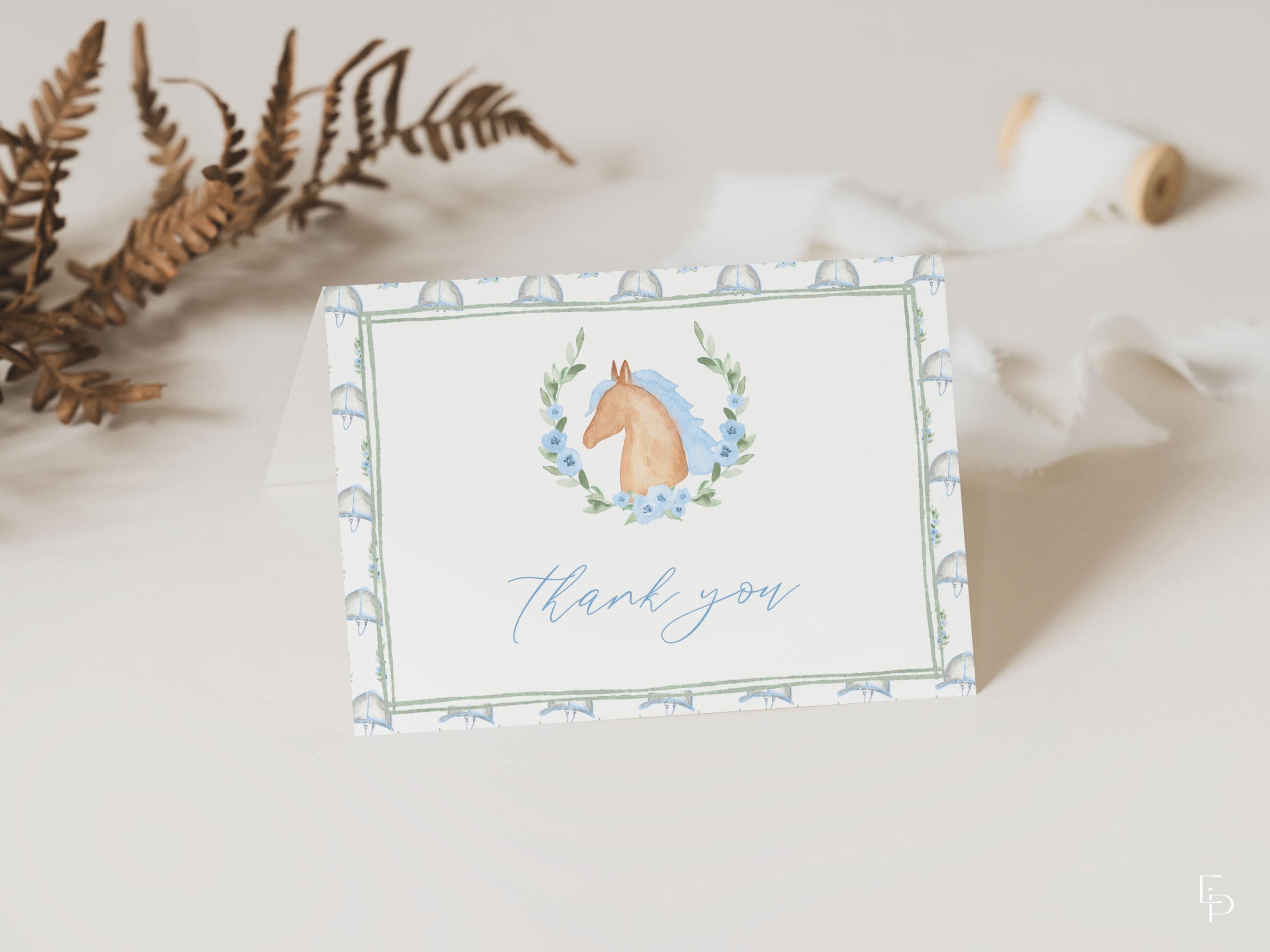 Kentucky Derby Thank You Card Template for Pastel Blue Horse Race ...