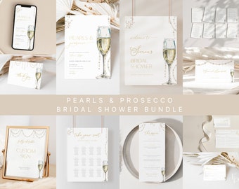 May include: A printable bridal shower bundle with a pearl and prosecco theme. The bundle includes a welcome sign, a seating chart, a menu, a thank you card, and a game card. The design features a watercolour illustration of a champagne flute with pearls.