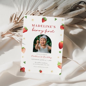Berry First Birthday Invitation Template for Strawberry Girl 1st Birthday Invite with Photo | MAISHA Collection