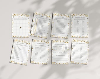May include: A set of printable baby shower games with a floral design. The games include baby bingo, guess the price, baby animal matching, who knows mommy best, baby predictions and advice, and baby word scramble.
