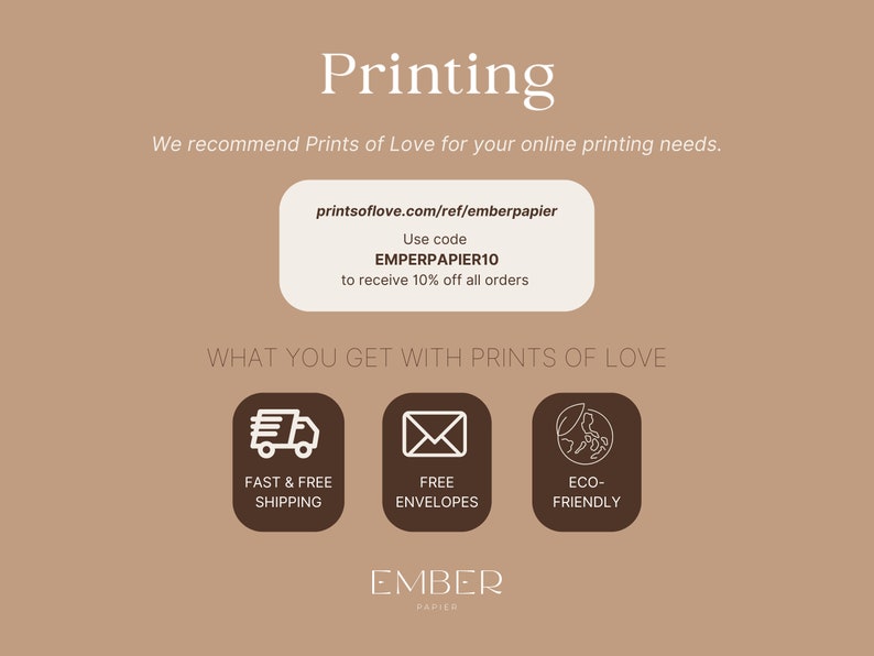 May include: A promotional image for online printing services. The image features the text "Printing" and "We recommend Prints of Love for your online printing needs." A coupon code is also displayed. Icons for fast shipping, free envelopes, and eco-friendly options are shown.