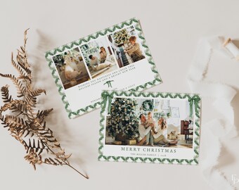 Green Bow Christmas Card Template Editable Horizontal Green Christmas Card Holiday Family Photo Card Digital Download | IRVING Collection