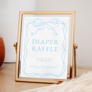 Blue Bow Diaper Raffle Baby Shower Sign Template for Classic Hand Drawn Ribbon Boy Custom Sign | LOUISE Collection