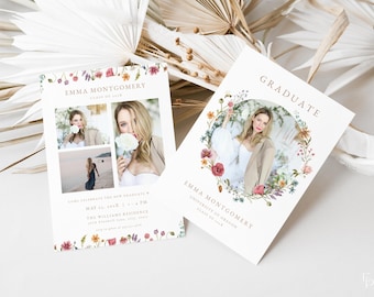 Puede incluir: Dos anuncios de graduación con bordes florales. El primer anuncio presenta un collage de tres fotos de una mujer. El segundo anuncio presenta una sola foto de la mujer en un círculo rodeado de flores. Ambos anuncios incluyen el texto "Emma Montgomery" y "Clase de 2023".