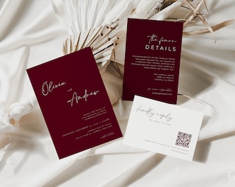 Classic Burgundy Wedding Invitation Suite Template with Printable 5x7 Invite, RSVP Card & Details Card | CORSEN Collection