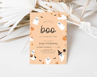 May include: A peach-colored invitation with a ghost theme. The text reads "Our Little Boo is Turning One" and "Darby's First Birthday". The invitation includes a date, time, and location for the party.