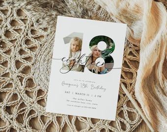 Eighteenth Birthday Invitation Template for Boy or Girl Minimalist Boho Photo 18th Birthday Party Invite Editable Digital | ELLIS Collection