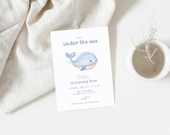 Boy Under the Sea Birthday Invitation Template for Blue Whale Kids Birthday Party Invite | ASHERAH Collection