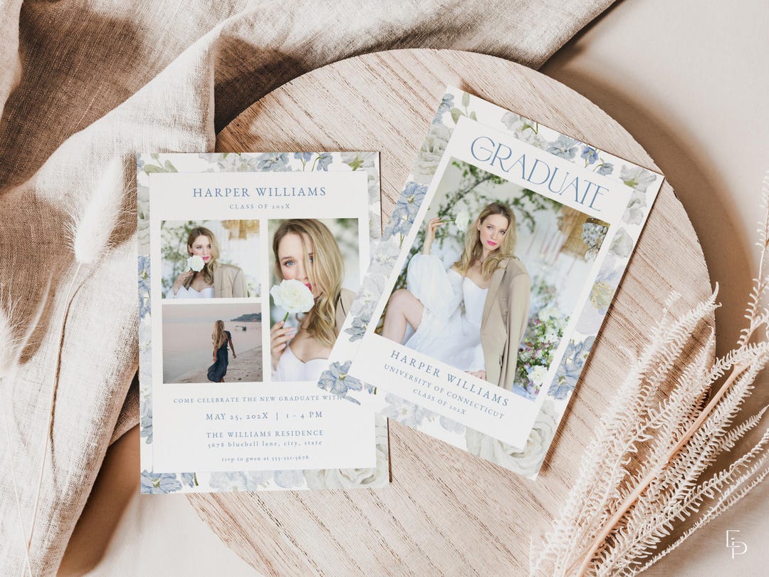 Dusty Blue Floral Graduation Announcement Card Template for Blue Flower ...