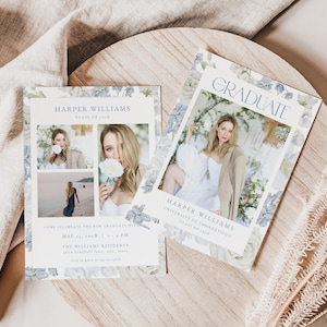 Dusty Blue Floral Graduation Announcement Card Template for Blue Flower Multiple Photo Graduation Party Invite | INDIVAR Collection