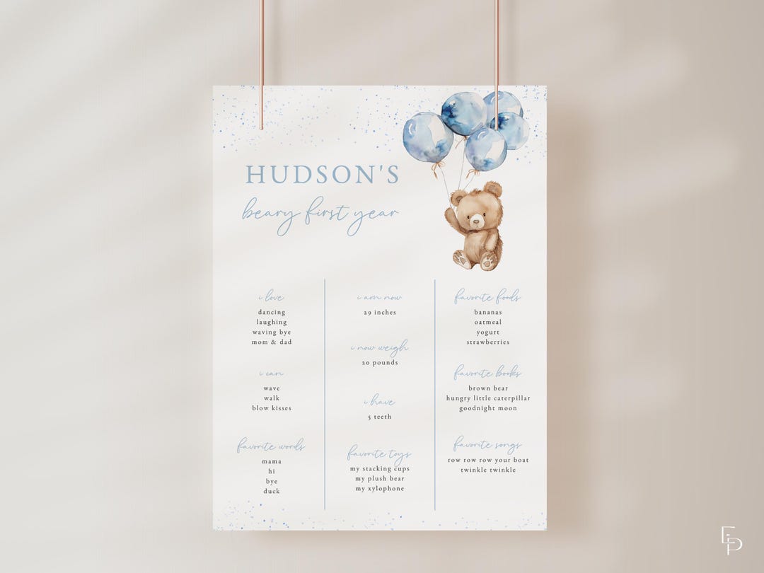 Blue Beary First Birthday Milestone Board Template for Balloons & Bear ...