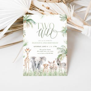 Two Wild 2nd Birthday Invitation Template for Safari Two Wild Jungle Animals Safari Second Birthday Invite | RINJI Collection