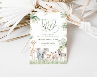 Two Wild 2nd Birthday Invitation Template for Safari Two Wild Jungle Animal Safari Second Birthday Invite Editable | RINJI Collection