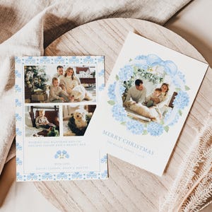 Coastal Grandmother Christmas Card Template for Grandmillenial Blue Hydrangea Wreath Christmas Holiday Family Photo Card | ANITA Collection