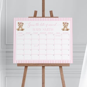 Teddy Bear Baby Shower Guess the Due Date Calendar Game Sign Template for Preppy Girl Bearly Wait Baby Shower Arrival | ARTHUR Collection