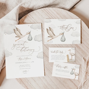 Gender Neutral Stork Baby Shower Invitation Bundle Template for Special Delivery Baby Stork Baby Shower Invite | OZURU Collection