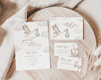 Gender Neutral Stork Baby Shower Invitation Bundle Template for Special Delivery Baby Stork Baby Shower Invite Digital | OZURU Collection