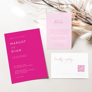 Modern Hot Pink Wedding Invitation Suite Template with Printable 5x7 Invite, QR Code RSVP Card & Details Card | ROZ Collection