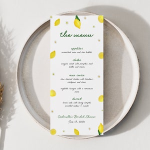 Lemon Bridal Shower Menu Template for Whimsical Citrus Main Squeeze 4x9 Menu | CITRINE Collection