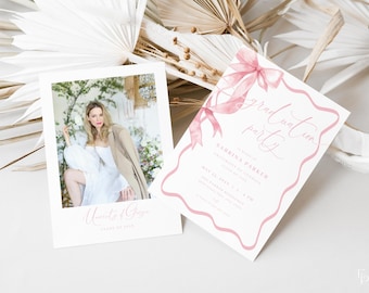 Pink Bow Graduation Party Invitation Template for Girl Pink Coquette Photo Graduation Announcement Card | SONDOS Collection