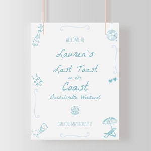 Hand Drawn Last Toast on the Coast Bachelorette Welcome Sign Template For Blue Beach Bachelorette Poster | SERENA Collection