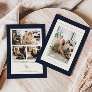 Puede incluir: Dos tarjetas de Navidad con un borde azul marino. La primera tarjeta presenta un collage de cuatro fotos de una familia con un perro. La segunda tarjeta presenta una foto de una familia de cuatro personas de pie juntas. Ambas tarjetas tienen el texto "wishing you a merry christmas" y "love, the parker family 2022".