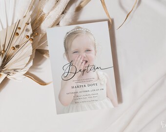 Modern Baptism Invitation Template for Simple Photo Boy or Girl Minimalist Christening Invite with Photo | ZOHAN Collection