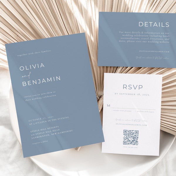Dusty Blue Wedding Invitation Suite Template with Printable 5x7 Invite, RSVP Card & Details Card | NILA Collection