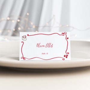 Red Whimsical Hand Drawn Illustration Place Card Template for Strawberry Bridal Brunch Name Card or Buffet Card | DANICA Collection
