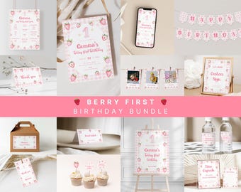 Strawberry Berry First Birthday Bundle Template for Pink Gingham Girl Daisy & Strawberry 1st Birthday Invite Bundle Set | MEINA Collection