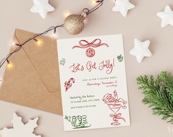 Whimsical Christmas Party Invitation Template Red Green Hand Drawn Let's Get Jolly Holiday Cocktail Party Invite Download | ANISA Collection