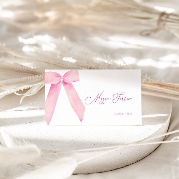 Pink Bow Place Card Template for She's Tying the Knot Bridal Shower Name Card or Buffet Card | AMORETTE Collection