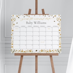 Mommy to Bee Baby Shower Guess the Due Date Calendar Game Sign Template for Honeybee Wildflower Bee Baby Shower Arrival | DEBORAH Collection