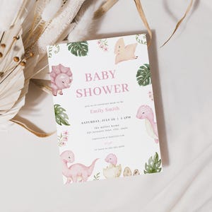 Pink Dinosaur Baby Shower Invitation Template for Pink Girl Baby Hatching Soon Dino Baby Shower Invite | JAREK Collection