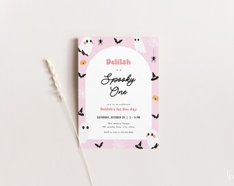 Pink Spooky One First Birthday Party Invitation Template Editable Girl Halloween 1st Birthday Invite Digital Download | BLAIR Collection