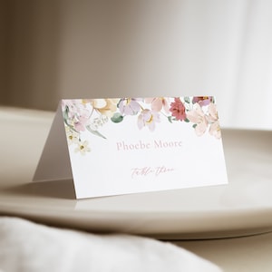 Wildflower Love Is In Bloom Place Card Template for Pink Floral Spring Bridal Shower Name Card or Buffet Card | THALLO Collection