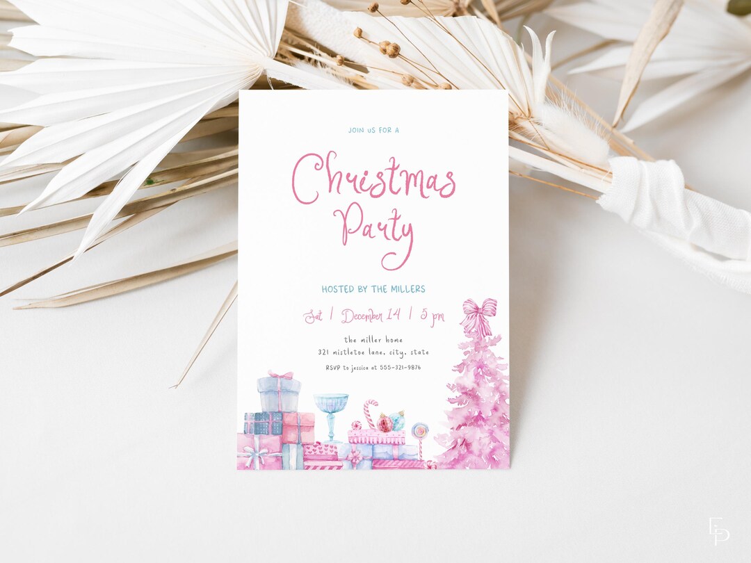 Whimsical Pink Christmas Party Invitation Template for Pastel Pink