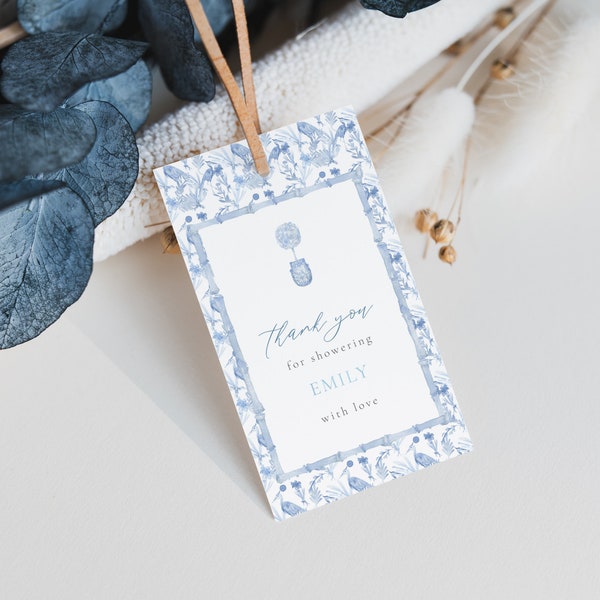 Blue Chinoiserie Coastal Grandmother Bridal Shower Favor Tag Template | DORIA Collection
