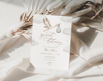Gender Neutral Stork Baby Shower Invitation Template Editable Special Delivery Baby Stork Baby Shower Invite Download | OZURU Collection