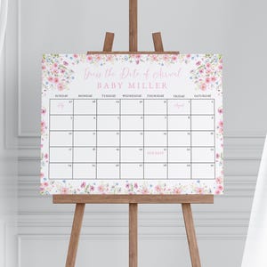 Pink Baby in Bloom Baby Shower Guess the Due Date Calendar Game Sign Template for Girl Floral Baby Shower Arrival | PENTHIA Collection