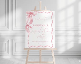 Pink Bow Graduation Party Welcome Sign Template Wavy Border Pink Coquette Graduation Welcome Poster Digital Download | SONDOS Collection