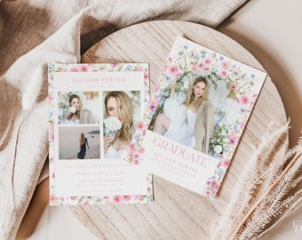 Pink Wildflower Graduation Announcement Card Template for Girl Pastel Pink Floral Multiple Photo Graduation Party Invite | PALESA Collection