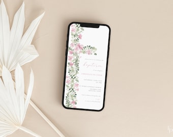Pink Floral Cross Baptism Digital Invitation Template for Girl Christening Electronic Invite | STAVRA Collection
