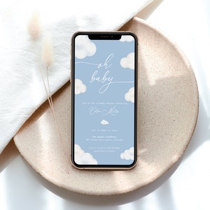 Oh Baby Modern Blue Cloud Baby Shower Digital Invitation Template for Text Message Invite | ANAN Collection