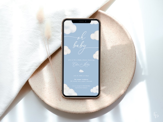Oh Baby Modern Blue Cloud Baby Shower Digital Invitation Template for Text Message Invite Evite Editable Digital Download | ANAN Collection