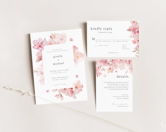 Cherry Blossom Wedding Invitation Suite Template with Printable 5x7 Invite, RSVP Card & Details Card | SAKURA Collection