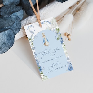 Peter Rabbit Baby Shower Favor Tag Template for Blue Floral Boy A Little Bunny Baby Shower Printable Tags | HARLEY Collection