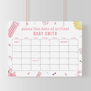 Pink Splish Splash Baby Shower Guess the Due Date Calendar Game Sign Template  Summer Girl Pool Party Baby Shower Arrival | MIRRI Collection